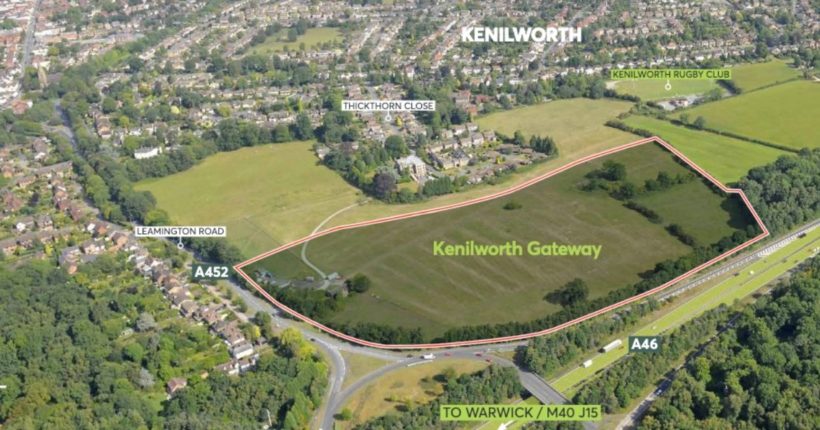 Birds eye view of Kenilworth fields with an area marked as Kenilworth Gateway. This is where the homes will be built.